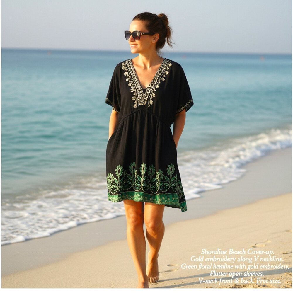 Shoreline Floral Gold Embroidered Kaftan Cover Up Black Free Size